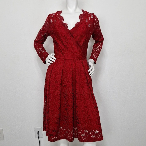 MissMay Red Floral Lace Romantic Goth V-Neck Faux Wrap Retro Swing Dress Size M - Picture 1 of 9